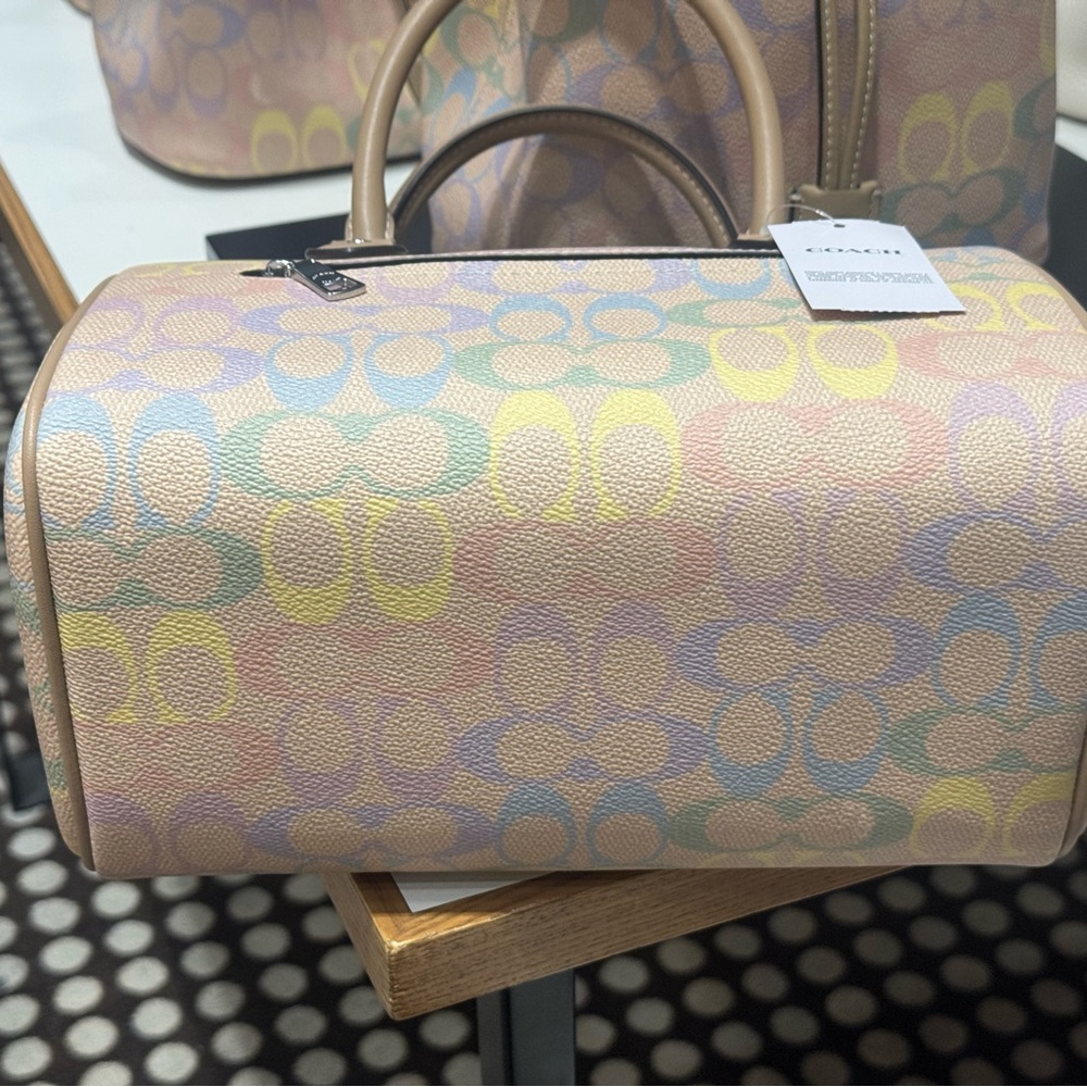 Coach Rowan Satchel Bag In Rainbow Signature Canvas CDA90 Sand Multi - Picture 6 of 11